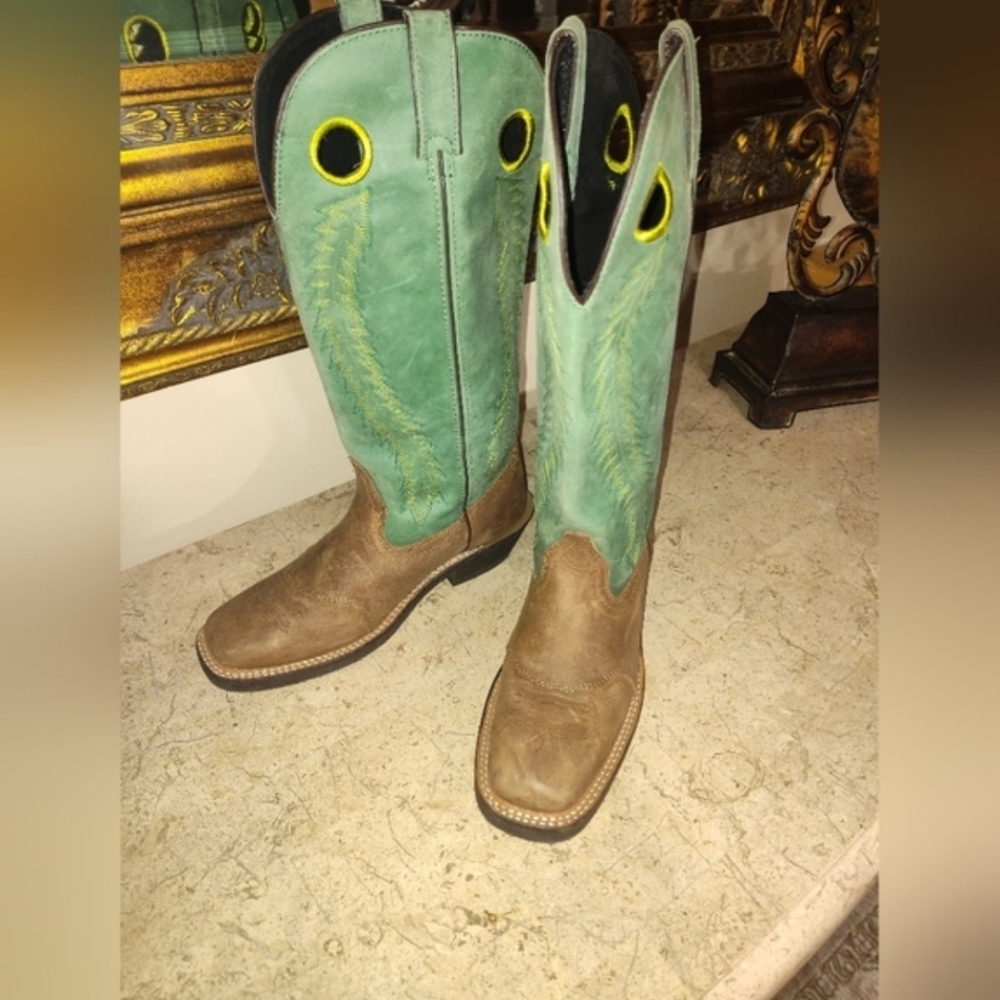 Green and Brown Men's Leather Square Toe Boots